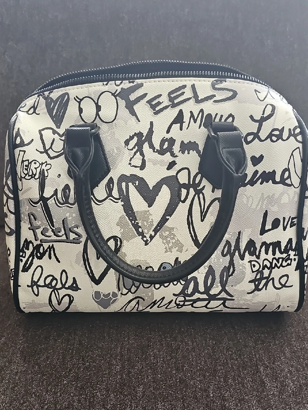 Aldo White and Black Graffiti Print Satchel with Coin Pouch - Picture 5 of 6